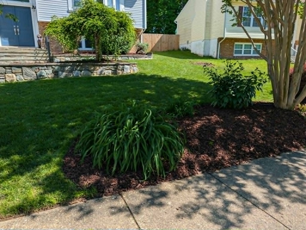 Stone retaining wall garden bed with fresh mulch and walkway borders
