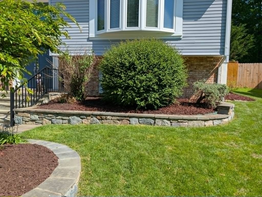 Stone retaining wall with dark mulch, rounded shrubs, and fresh lawn edging