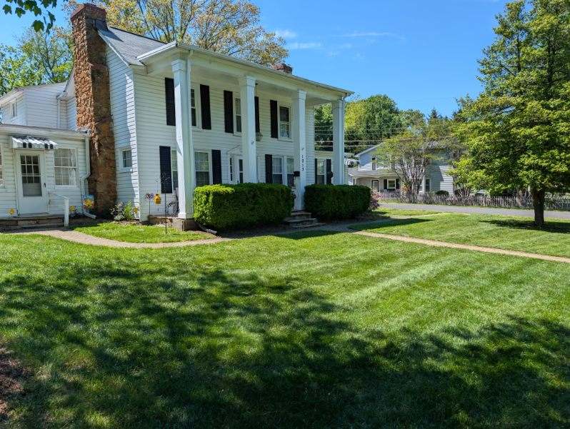 Professional lawn care on a wooded property