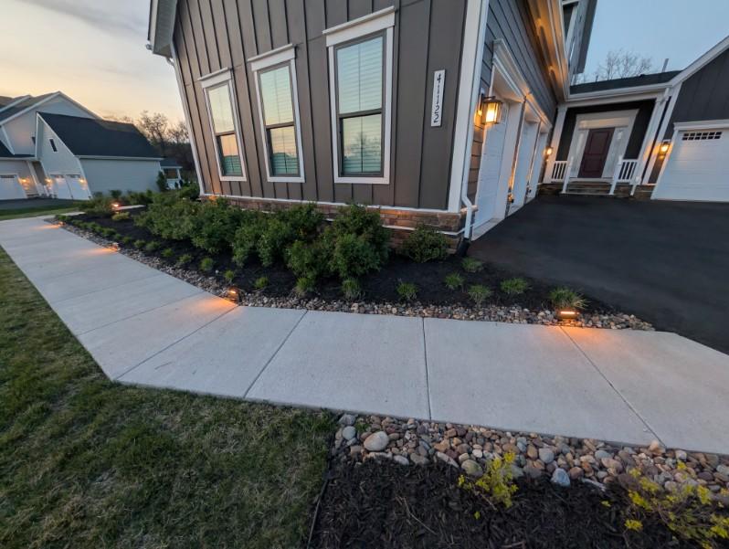 Front yard mulch bed with boxwood shrubs